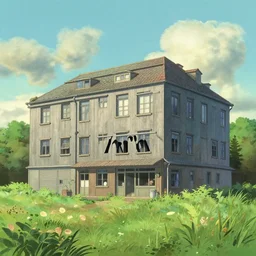 a zara hadid building in a studio ghibli landscape