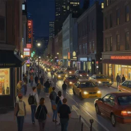 a busy street at night, city, detailed painting, 4 k, hd, realistic, digital painting, artstation, by, paul bonner, aarons slim