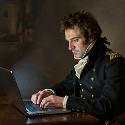 Napoleon Bonaparte hits his laptop computer after losing, painting by krenz cushart, wlop,
