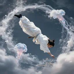 a white dressed samurai, diving in the air rounded by jelly clouds made by Stanley Artgerm Lau, WLOP, Rossdraws, ArtStation, CGSociety, concept art, cgsociety, octane render, trending on artstation, artstationHD, artstationHQ, unreal engine, 4k, 8k