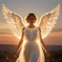 centered waist up portrait photography of angel and glowing outlines, m dissolve to energy particles of light and bokeh and strong / dof and 8 k, photorealistic and composition by peter mohrbacher and line work by dan mumford, ultra realistic and backlit and strong rimlight, sunset and hdri, hd, photoreal
