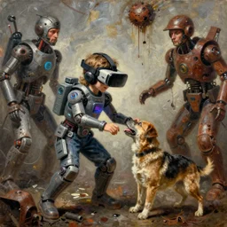 junkys kid and dog playing, cybertronic gadgets and vr helmet, durty colours, rotten textures, rusty shapes, biotechnology, tim hildebrandt, wayne barlow, bruce pennington, donato giancola, larry elmore, oil on canvas, masterpiece, trending on artstation, featured on pixiv, cinematic composition, hyper - detailed, hd, hdr, 4 k, 8 k