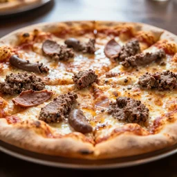 pizza with raw hamburger and entrails, award winning, depth of field, 5 0 mm, backlit