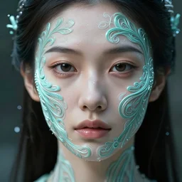 intricate highly detailed face portrait of asian - european woman, light aqua water vines on her face, intricate, cgsociety, unreal engine, octane render, sharp focus, smooth, volumetric lighting, cinematic composition, artstation
