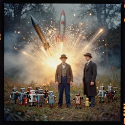 kodak portra 4 0 0, wetplate, muted colours, blueberry, 1 9 3 0 s style, motion blur, portrait photo of a backdrop, explosions, rockets, bombs, sparkling, a bunch of tin toy robots in a forest, haze, fog, by georges melies and by britt marling