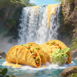 a waterfall made out of nacho cheese, tacos and guacamole, trending on Artstation, CGSociety, Greg Rutkowski, Unreal Engine