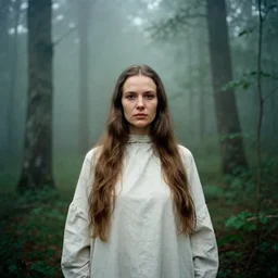 portrait of woman, russian cinema, kodachrome, dense forest, long brown hair, cloth, heavy fog, hudson river school, 4 k, dramatic lightin