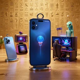 Hieroglyphics depicting modern smartphones, PC gamers, modern technology and aliens photorealistic