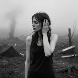 award winning photo of some despair as antonioni would depict it, she is 2 3, skinny and beautiful and listens to oathbreaker, she is deaf but still hears photo, black and white, the background is devastated by pollution, insanely detailed, foggy like in norwegian black metal aesthetic
