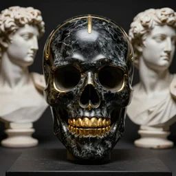 perfect statue of evil skull mask made from black marble with gold, by johannes voss and michelangelo and donatello