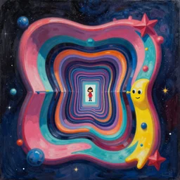 an extremely high quality hd surrealism painting of a 3d abstract galactic neon complimentary colored cartoon surrealism melting optical illusion self-consuming 4d hallway by a much more skilled version of kandinskypicasso and salvia dali the fourth, salvador dali's much much much much more talented painter cousin, 8k, clear shapes, defined edges, ultra realistic, super realistic,