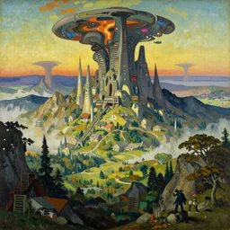 A beautiful landscape painting of dystopian future in the mountains by Alfons Maria Mucha and Yoshitaka Amano and jean-honore fragonard