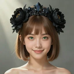 a young 2 0 year old female mythical tribal warrior girl, with a light brown hair and bob haircut and sideswept bangs, wearing a crown of obsidian diamonds and black peonies, perfectly proportioned face, green eyes, sweet smile, strong jawline, natural lighting, path traced, god rays, highly detailed, high quality, digital painting, by new haicheng studio ghibli and riccardo federici and alphonse mucha and donato giancola, muted colors