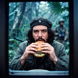 film still, extreme far view, stalin with burger, jungle, vietnam door gunner, apocalypse now, associated press,, 2 6 mm, kodak ektachrome, blue tint expired film