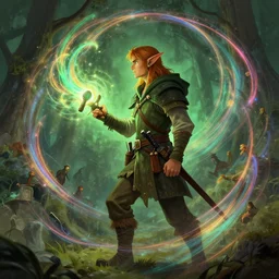 side profile, male elf ranger, gloomhaven, luminescent, colorful swirly magic ripples, green earthy colors, by greg manchess, huang guangjian, gil elvgren, sachin teng, greg rutkowski, jesper ejsing, ilya kuvshinov
