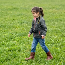 a young spanish girl plays on a great green meadow, she wears a jacket, jeans and boots, she has ponytails, photo taken by a nikon, highly detailed, sharp focus
