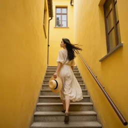 a woman on the stairs, airy dress, hair in the wind, straw hat in hand, yellow walls, stairs up, narrow passage, railing on the wall, house windows, highly saturated colors, epic fantasy, Nicodemus Yang-Mattisson, greg rutkowski, trending on artstation, concept art
