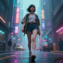 a beautiful picture of a girl walking in a cyberpunk street by aurahack, low angle shot, cinematic, colorful, trending on artstation