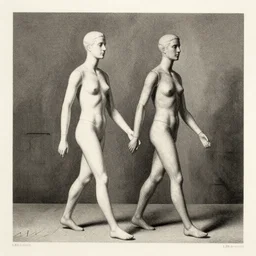escher print of two mannequins walking hand in hand