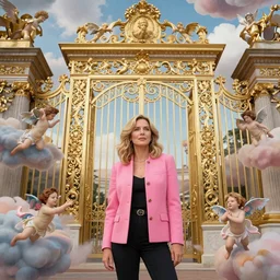 Olivia Newton John in pink jacket stands in front of ornate shining gate made of gold, she is surrounded by clouds and flying cherubs, painting by Michelangelo