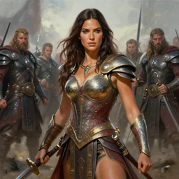 Olivia Culpo as a warrior princess at the battle of helms deep, hyperrealist digital painting by Mario Testino, Stanley Artgerm Lau, WLOP, Andrei Riabovitchev, masterpiece, trending on artstation, cgstudio