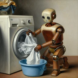 detailed painting of a robot doing laundry, by Rembrant