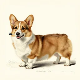 vintage medical anatomical illustration of a corgi ( 1 9 8 4 ), highly detailed, labels, intricate writing