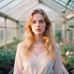 photograph of a beautiful!! woman inside a greenhouse! by mark owen. pastel colors. portra 4 0 0 film. mamiya 7. highly detailed. hq. photoreal. golden hour. raw. in - frame