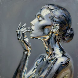 a ultradetailed beautiful portrait panting of a stylish woman made of chrome, chrome, oil painting, by hajime sorayama, greg rutkowski and makoto shinkai, trending on artstation
