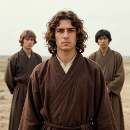 a wide full shot, russian and japanese mix 1 9 8 0 s historical fantasy of a photograph taken of the guardian priest has wavy brown hair, medium light brown skin, and coffee - colored eyes, photographic portrait, high - key lighting, warm lighting, overcast flat midday sunlight, 1 9 8 2 life magazine photograph.