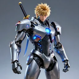 portrait of ryu as a cybernetic battle robot, super cool, katana, led, backlit, promotional material