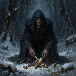 cloaked humanoid wendigo feasting, nighttime located in a snowy dark forest, lurking horror, distant - mid shot, dungeons and dragons, magic the gathering, forboding, high detail, oil painting, style of seb mckinnon