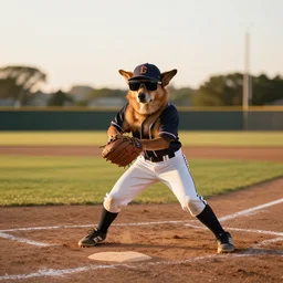 a dog in sunglasses plays baseball at sunset