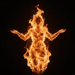 fire in the shape of a woman with open arms, black background