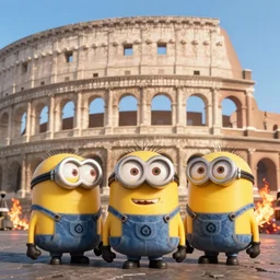 minions and nero starting the burning of rome, pixar render 4K