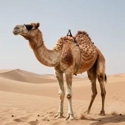 camel wearing eye patch and boots in the desert, hyper realism, photograph, dust,