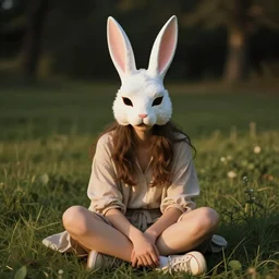 a person sitting in the grass with a bunny mask on by ackroyd norman