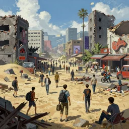 painting of scenes from the game dying light 2, busy, bustling, vibrant, ruins, sandy, by conrad roset, by ruan jia, by yoshitaka amano, cgsociety, artstation, portfolio quality.