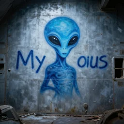 blue mysterious extraterrestrial writing, on the metallic wall of an abandoned spaceship