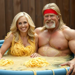 ( ellen degeneres ) and ( hulk hogan ) both covered in pasta, couple's photo, 4 k, 8 k, spaghetti noodles, kiddie pool, medium shot, iso 8 1 0 5