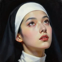 hyperrealism oil painting, close - up face portrait from up, nun fashion model looking up, complete darkness background, small tattoo near eye, in style of classicism mixed with 8 0 s sci - fi japanese books art