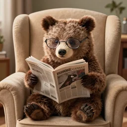 a photograph of a small bear sat in an armchair, reading a newspaper, the bear is wearing glasses, warm lighting, cozy atmosphere