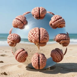 mob of brains in sphere on beach,