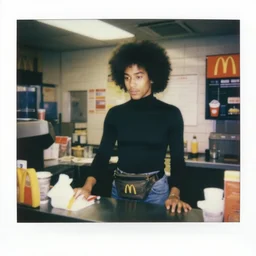 the rock with an afro and a tight black turtleneck and fannypack working the front counter of mcdonald's ready to take your order, eighties polaroid, flash photography, photorealistic, kodachrome