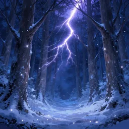high quality illustration of an enchanted magical winter forest::night time, glowing sparkles, mystic lightning::painted by Daisuke Tsutsumi, artstation art