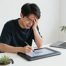 photo of an artist crying!! into their graphics tablet after losing yet another customer to ai generated art