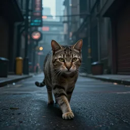 stray cat walking through the alleys of a cyberpunk city, realistic, cinematic, ambient, unreal engine