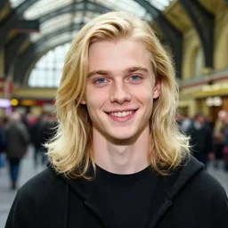 a beautiful young, blond male, long hair, fair skin, bright blue eyes, smiling without showing his teeth, in the middle of kings cross station, impressionist, 4 k
