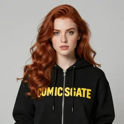 a beautiful attractive redhead with long hair in loose curls, wearing a black zip-up hoodie sweatshirt with the word COMICSGATE in yellow on the front of the hoodie
