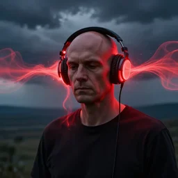 portrait, bald man wearing headphones, by greg rutkowski, in a cabin, storm clouds, red glow surrounding headphones, glow melting up from the headphones, surreal light flowing in the air, ethereal, thomas kinkade, sound waves, powerful zen composition, by takehiko inoue and ross tran, elegant, realistic